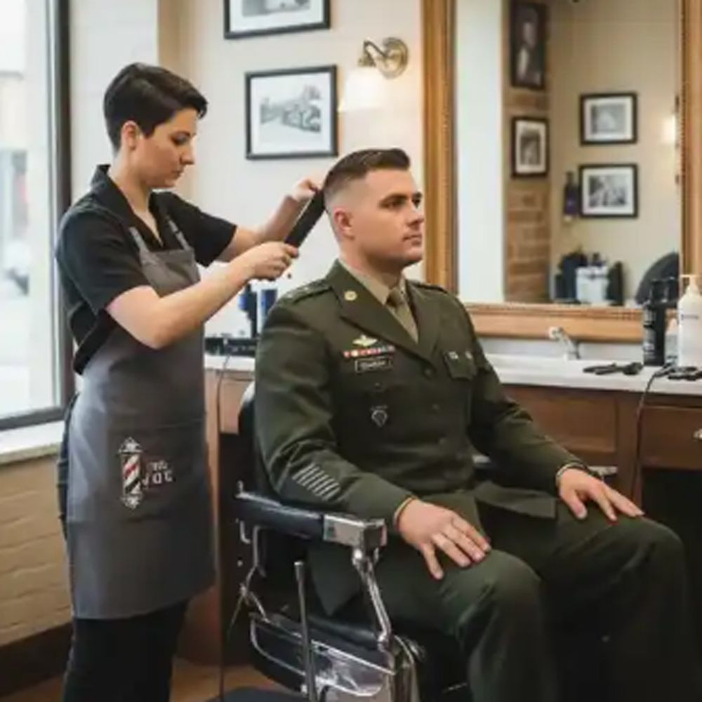 barber cutting military man's hair