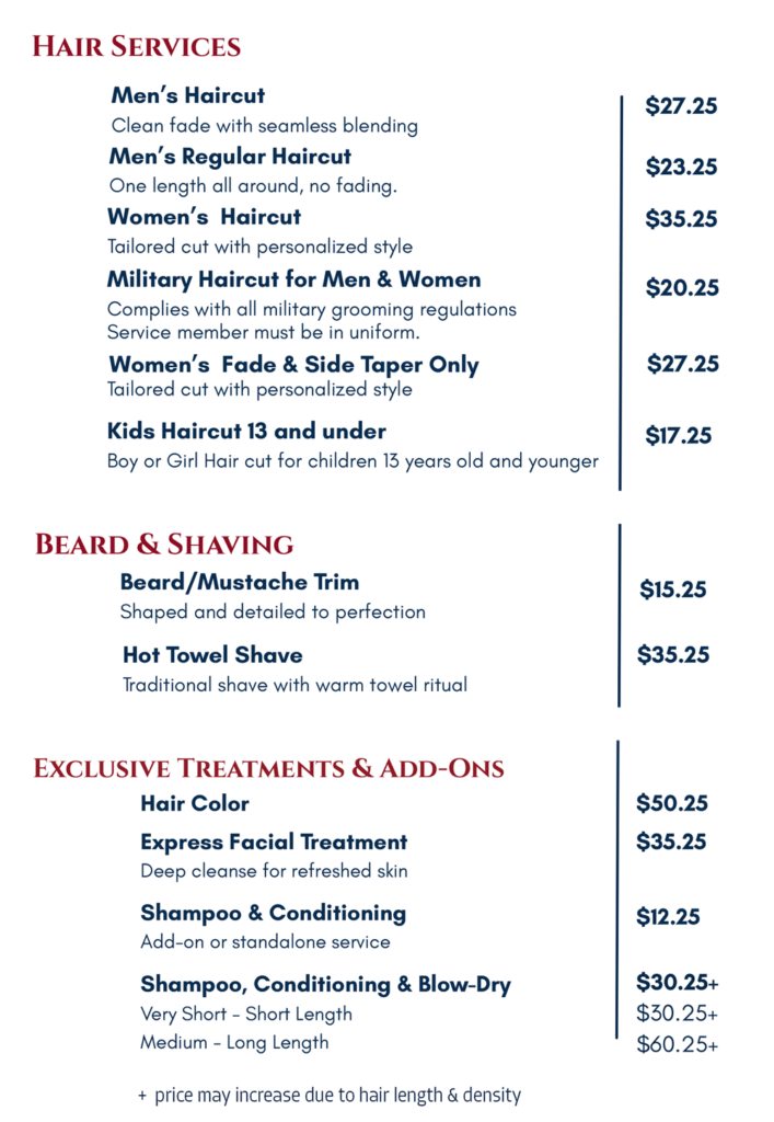 barber shop price list