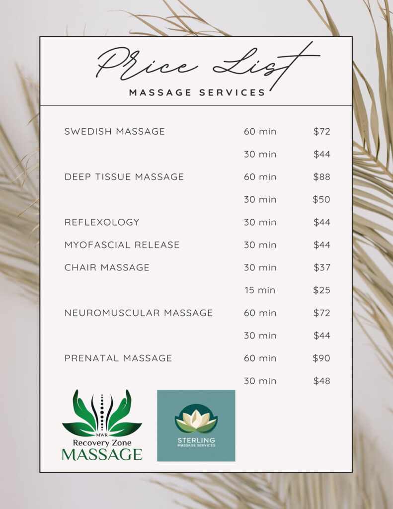 list of massage services and prices
